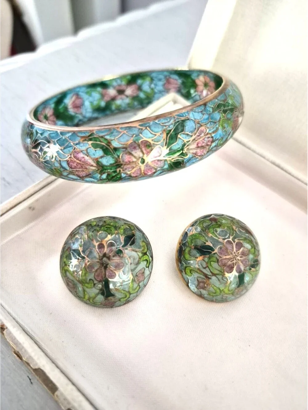 Vintage Plique-à-jour Floral Blue and Pink Stained Glass Bangle and Earring Set